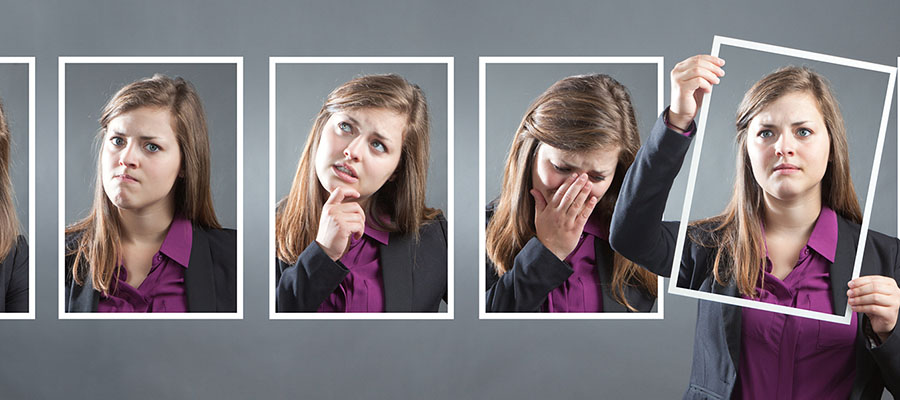 Several photos of the same student, showing facial expressions illustrating different emotions.