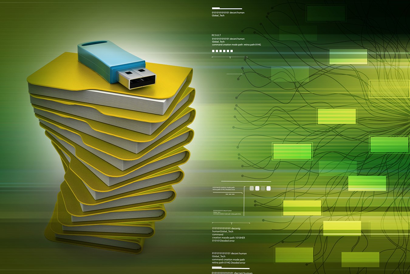 A USB stick placed on a stack of files.