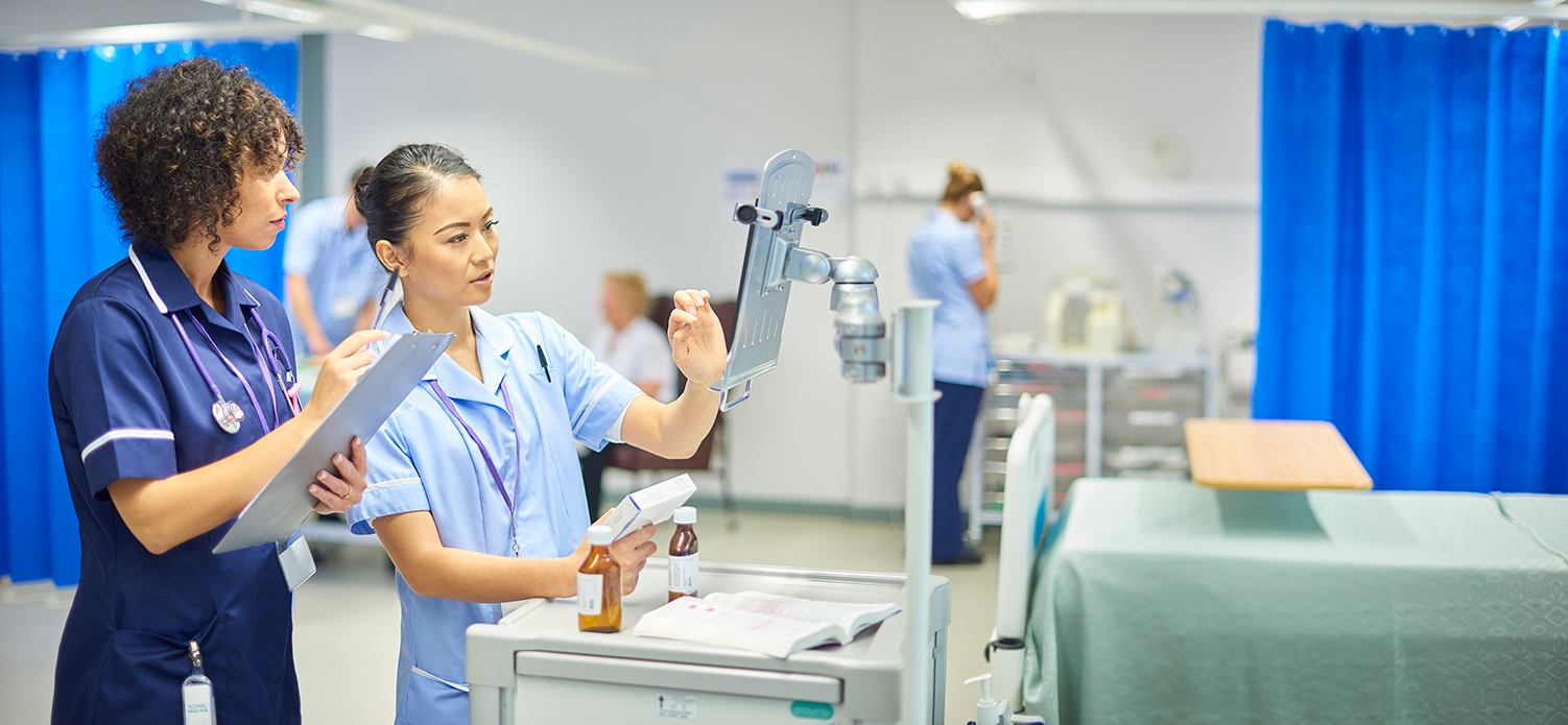 A supervisor observes her trainee while she is entering data on a computer, in a hospital setting.