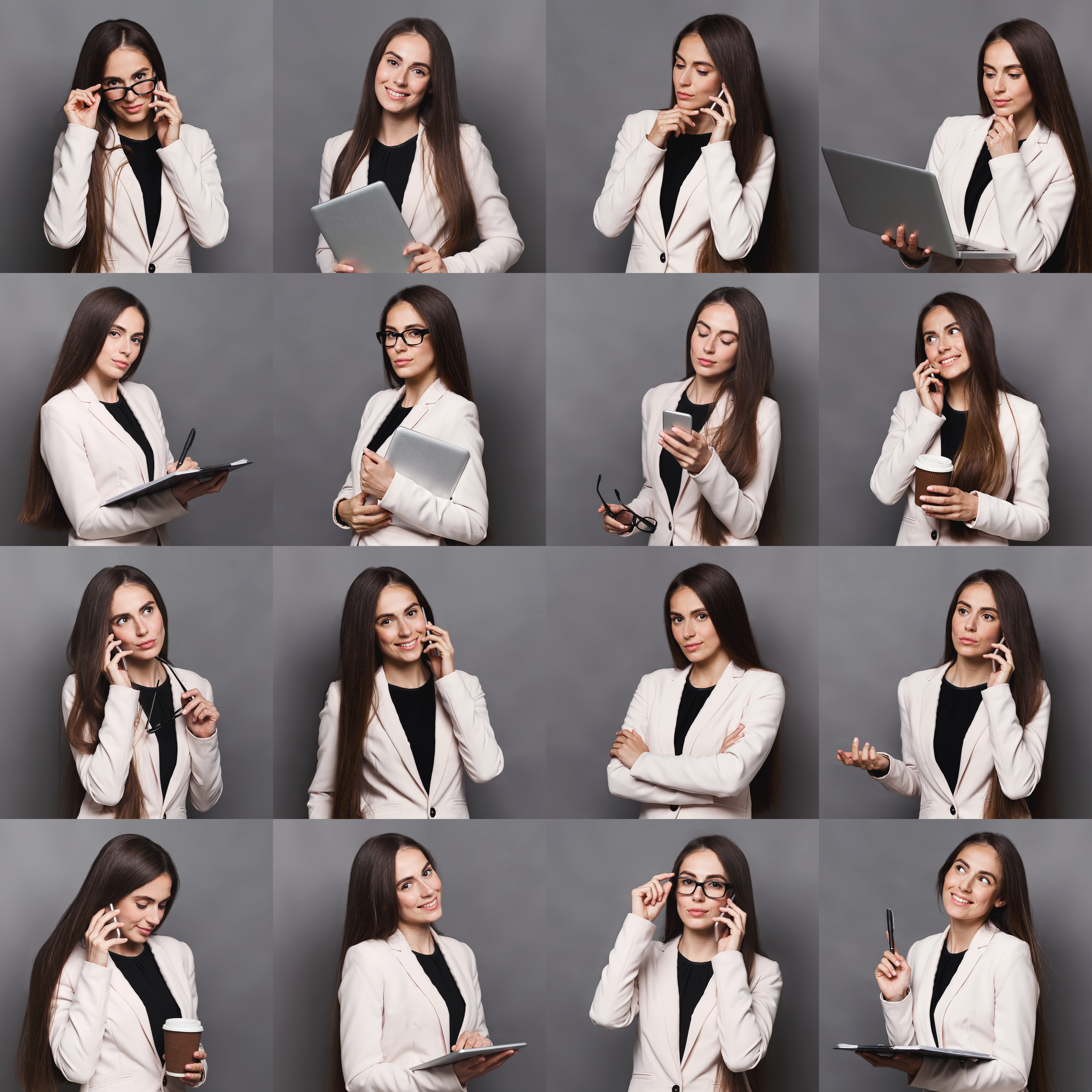 Several photos of the same student, taken at different moments, as she holds various items such a pencil, glasses, a telephone, a notepad, a tablet, a computer. 