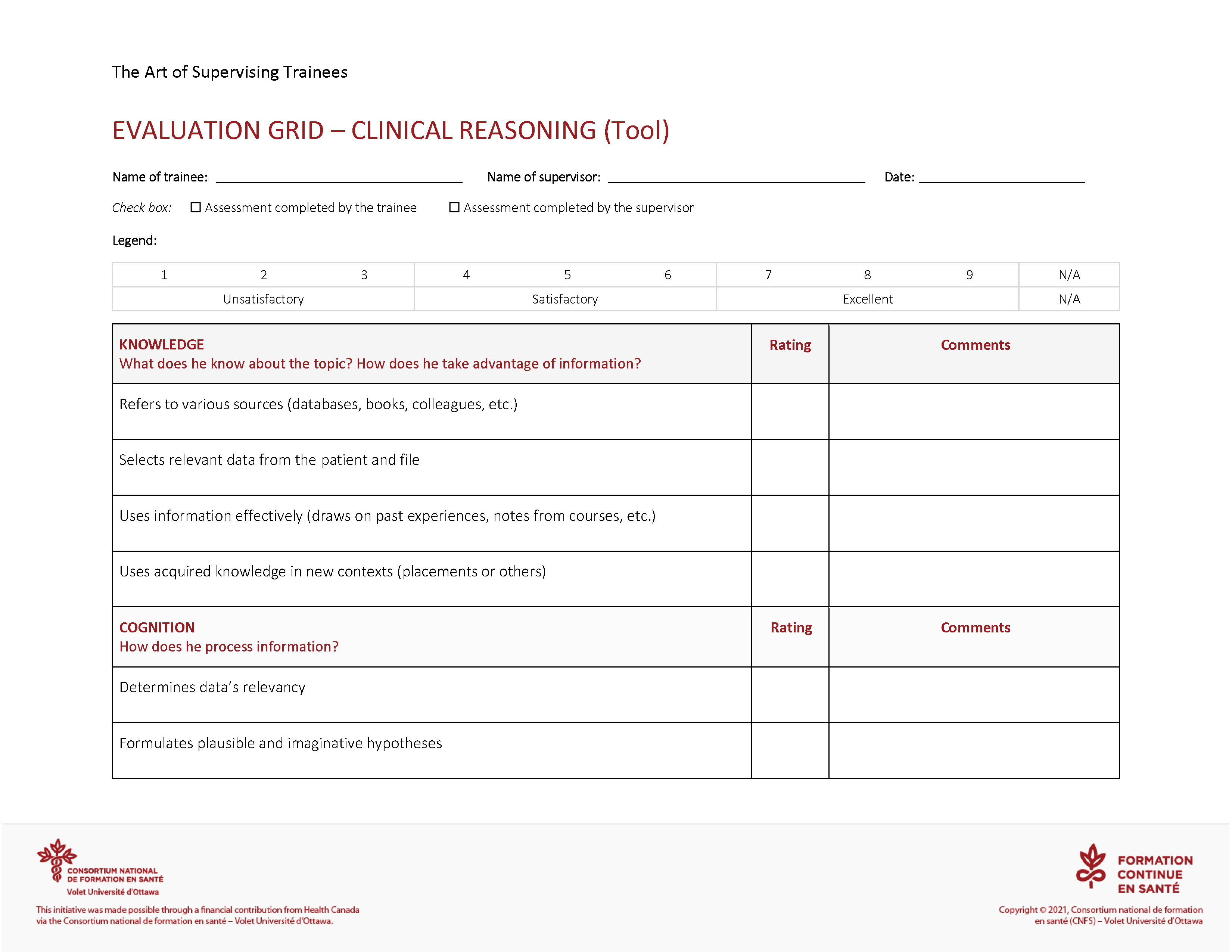 Tool: Evaluation Grid – Clinical Reasoning