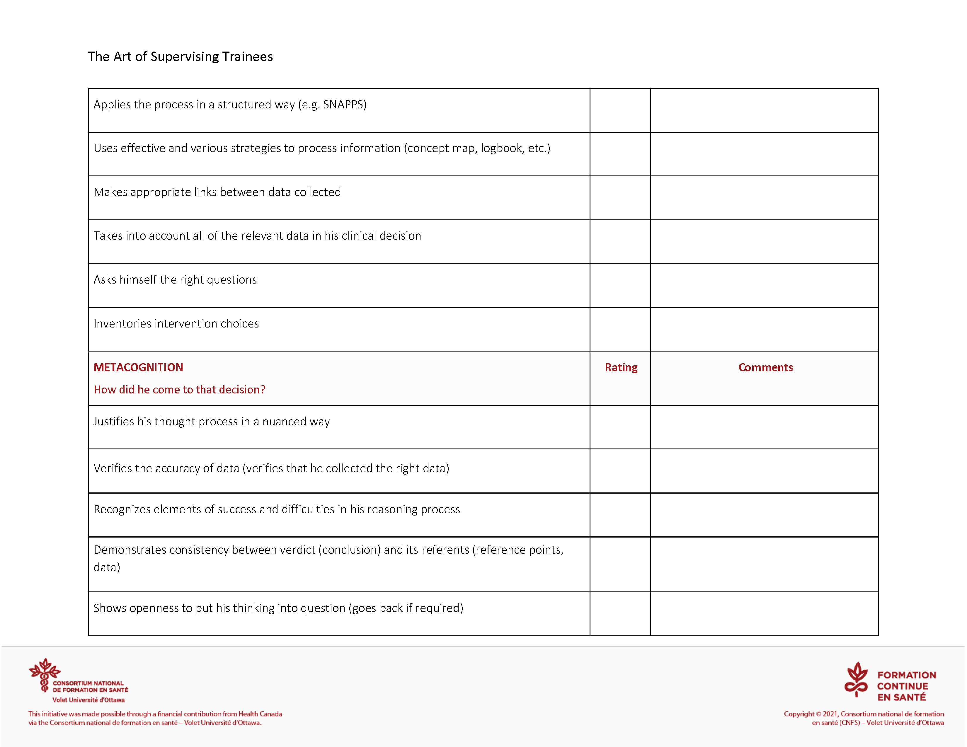 Tool: Evaluation Grid – Clinical Reasoning